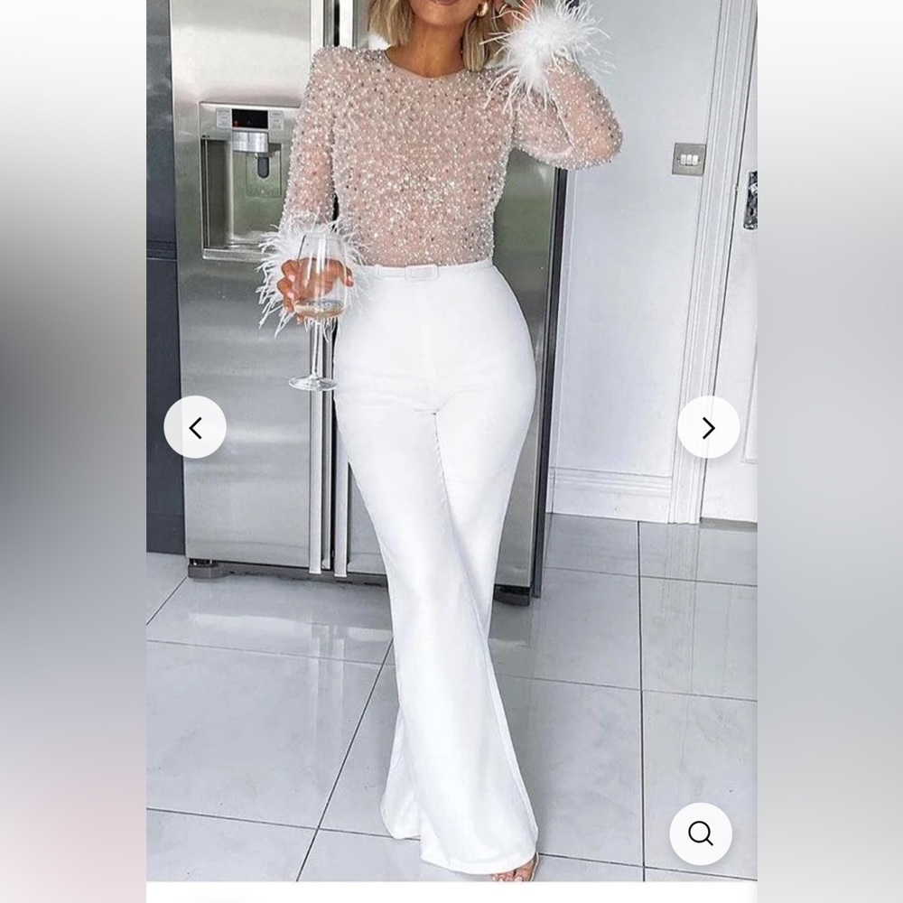 White, small, jumpsuit, sequins, feather trim